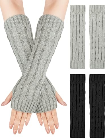 MELLIEX 2 Paar Lange Fingerlose Handschuhe, Winter Stricken Halbfingerhandschuhe Armstulpen mit Daumenloch für Damen Herren