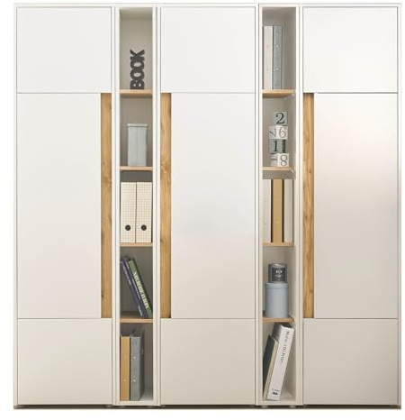 Büroschrank Aktenschrank in weiß und Eiche Wotan 3X Stauraumschrank und 2X Regal für Homeoffice und Büro Hochschrank Ordnerschrank groß modern XXL 190 x 200 cm Center (Set 5)