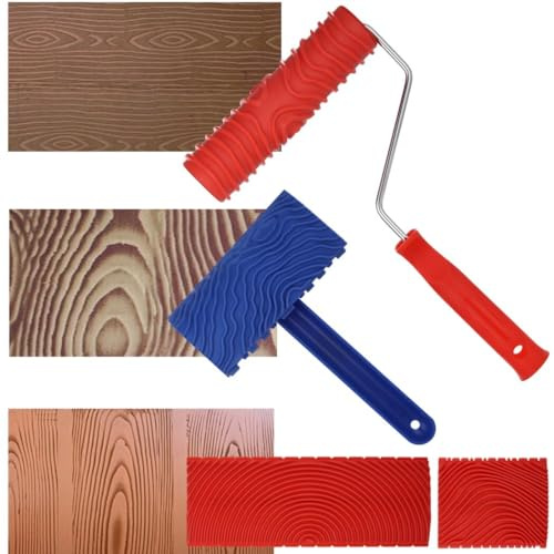 Holzmaserungswerkzeuge, Holzmaserungs-Werkzeug-Set, Holzmaserung, Malrolle mit Griff, DIY-Gummi-Holzmaserung, Dekorationswerkzeug für Wände, Böden, Decks, Möbel (Holz), 4 Stück