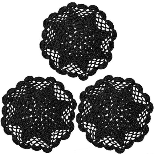 BOMHCS 3 Stück Häkelspitzen-Deckchen, 15,2 cm bis 20,3 cm, handgefertigt, gestrickt, kleine Pflanzen, Tassen, Tassen, Tischsets (schwarz, Reichweite 15,2 cm bis 20,3 cm)