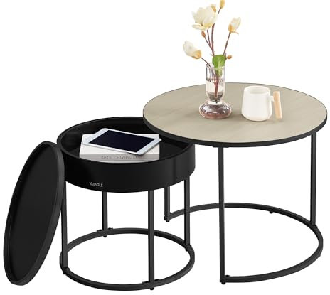 VASAGLE Couchtisch rund, 2er Set, Beistelltisch, Satztisch, modern, versteckter Stauraum, Tablett, für Wohnzimmer, Schlafzimmer, Balkon, naturbeige-tintenschwarz LCT044K67