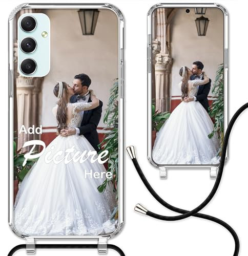 CoverHeld Samsung Galaxy A34 5G Handyhülle mit Band selbst gestalten aus Silikon Hülle mit deinem Bild/Design personaliseren und einzigartig Machen/Handykette Kordel Band in Schwarz