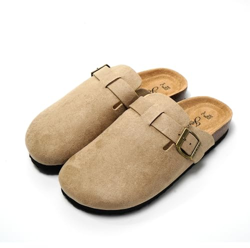 JOMIX Chaussons Sabots Femme en Daim avec Boucle Élégant Pantoufles Sandales à Semelle en Liège Confortable pour Intérieur et Extérieur MD2438 (Beige, 41)