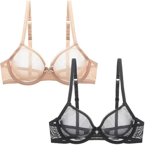 Reggiseno trasparente in pizzo per donna, scollato sexy, senza imbottitura, con ferretto, ultrasottile e leggero, per sostegno e valorizzazione, Nero + beige., S