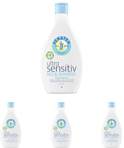 PENATEN Ultra Sensitiv Bad & Shampoo parfümfrei (1 x 400 ml), sehr mildes Baby Shampoo & Badezusatz Waschgel, speziell für hochsensible Babyhaut entwickelt (Packung mit 4)