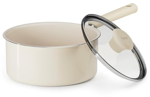 Redchef Ceramic Nonstick Saucepan with Lid,20cm Small Cooking Pot, Non Toxic Sauce Pans for Kitchen, Cool Handle PFAS Free Compatible with All Cooktops, White