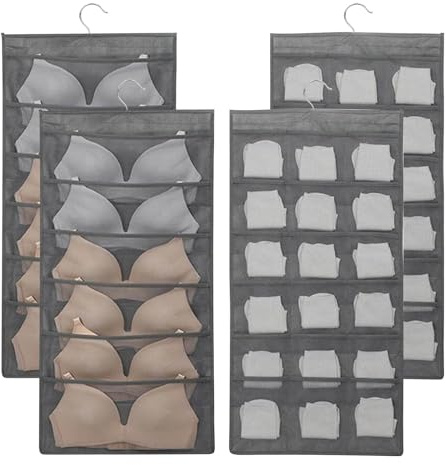 VirtuGro 4PCS Hängeorganizer Schrank Unterwäsche Organizer mit 24 Taschen Hängeaufbewahrung Doppelseitig Taschen Aufbewahrung Faltbar Hänge Organizer Stoff Grau