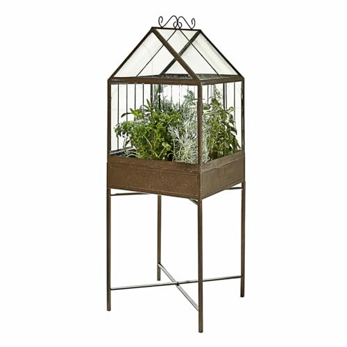 Loberon Gewächshaus Fixerno, Charmantes Antik-Finish, Lichtdurchlässige Einsätze, Nostalgisches Design, Perfekter Pflanzenschutz, Pflanztisch, Eisen, PVC, antikbraun
