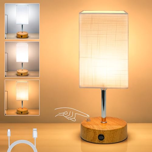 6000mAh Bedside Lamps, 10.8 Touch Control Rechargeable Table Lamp with Wood Grained Base & Fabric Lampshade, Dimmable Minimalist Wireless Battery Lamp for Living Room Bedroom Office Decor (1)