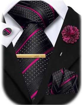 Juego de corbatas Hi-Tie para hombre, 4 piezas, con corbata y pañuelo, gemelos, pin de solapa con flor, para bodas y negocios, Rosa negra., M