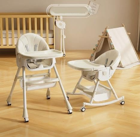 Homewell 4in1 Hochstuhl Klappbar, Baby Kinder Babyhochstuhl Kombihochstuhl mit Sicherheitsgurt und Korb ab 6 Monaten Höhenverstellbares, PU Leder Kissen (Cremeweiß, 6in1)