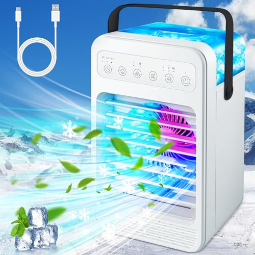 Aire acondicionado portátil, mini enfriador de aire evaporativo personal con 4 velocidades, 7 colores, ventilador portátil de unidad de aire acondicionado de 600 ml, 2 ventiladores de refrigeración de