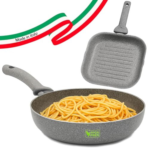 BAKAJI Set Padella 32 cm e Bistecchiera 24 x 24 cm Rivestimento Antiaderente Effetto Pietra, Senza PFOA, Manico Atermico Cool Touch, Ideale per Fornelli a Gas, Cottura Omogenea, Made in Italy