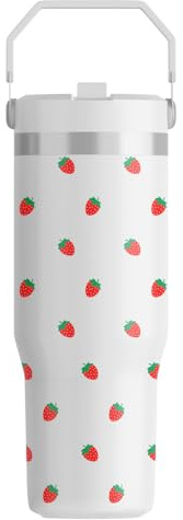 FOLAI Leakproof Flip Water Tumbler,30oz Stainless Steel Hot and Cold Water Bottle with Ergonomic Handle and Straw Keeps Cold for 12+ Hours,Ideal for Gym,Car,Beach-Easy to Carry Travel Mug(Strawberry)