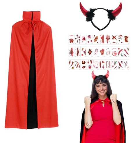 SSKHE Halloween Cape Set pour Les Femmes, Carnaval Diable Costume Hommes avec Cornes Bandeau et Cicatrice Tatouage Autocollant, Rouge et Noir Cape Double Face pour Fête d'halloween