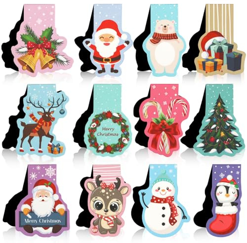 Weihnachten Magnetische Lesezeichen, 12 Stück Magnetische Lesezeichen Kinder, Bunt Magnetic Bookmark, Weihnachtsmann Schneemann Rentier Bookmarks für Junge Mädchen Schüler Buchliebhaber