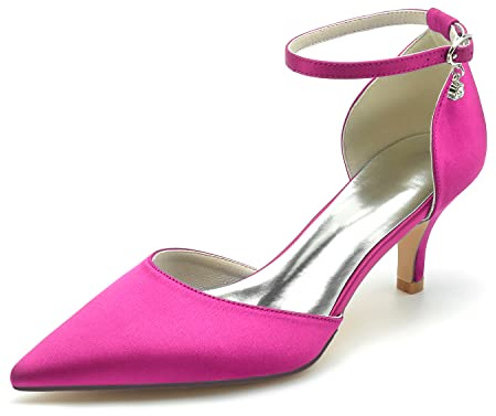 HFWXYSA Escarpins Mariage À Talon Bas Chaton pour Femmes Bride Cheville Strass Bout Pointu Chaussures De Fête Mariée,Fuchsia,43 EU