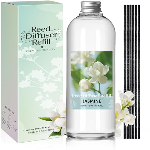 Scent-Hi Jasmine Reed Diffuser Refill 500ml with 6 Reed Sticks | Large Capacity Oil Refill with Natural Essential Oil and a Soft Floral Aroma for Living Rooms, Bedrooms, Bathrooms & Hallways