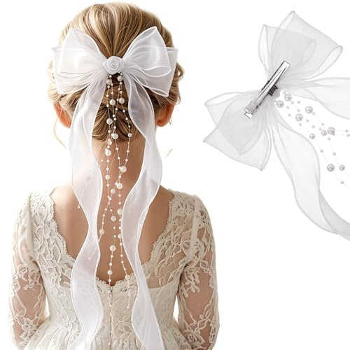 Haarschmuck Kommunion Mädchen Weiß, Perlen Haarklammer mit Organza Haarschleife, Erstkommunion Haarschmuck für Mädchen, Kopfschmuck für Taufe Blumenmädchen