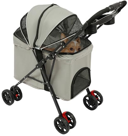 Poussette pour chien avec 4 roues, pour animaux domestiques jusqu'à 12,5 kg, gris
