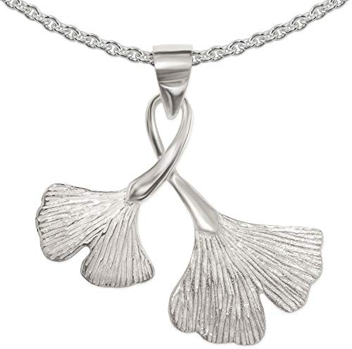 CLEVER SCHMUCK Ginkgoblatt Damen Halskette 25 x 24 mm Ginkoblätter 2-fach Optik an verschnörkelter Öse Erbskette Sterling Silber 925 im Schmucketui creme