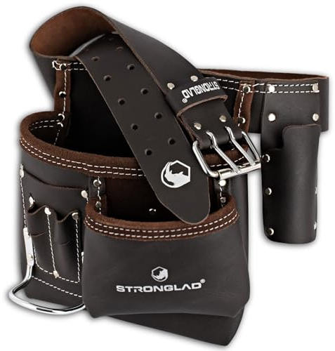 STRONGLAD Leather Tool Belt – 6-Pocket Oil-Tanned Utility Pouch – Fits 29–46 Waist | Durable Carpenter–Drywaller–Electrician Belt | Comfortable Wide Fit | Heavy-Duty Design