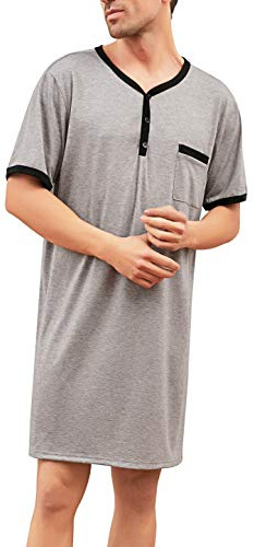 Enjoyoself Pijama de algodón para Hombre, Suave, Transpirable, Longitud hasta la Rodilla, Camisa de Noche de Manga Corta, Ropa de Dormir para Descansar, Tipo 1-Gris, XL