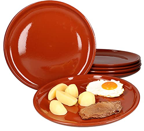 MamboCat Set di 6 piatti piani in argilla, Ø 28,5 cm, piatti in ceramica antica, piatti da bistecca, piatti per la colazione, piatti da dessert, piatti da portata adatti al forno