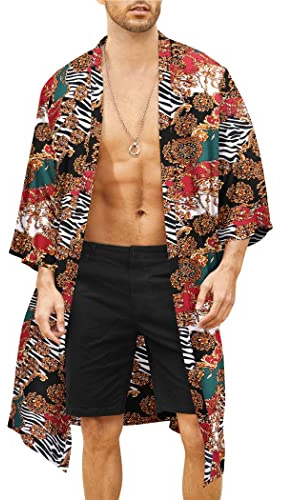 COOFANDY Men's Lightweight Kimono Robe Jacket Printed Japanese Style Bathrobes Casual Open Front Long Cardigan Coat Outwear