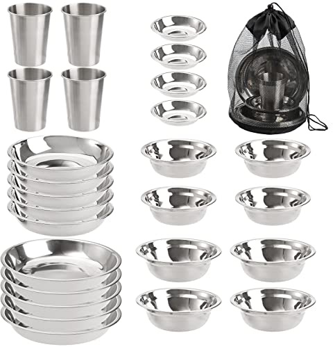TOPZEA Set of 26 Stainless Steel Camping Plates and Bowls, Camping Cookware Kit with Plates, Bowl, Cups, Stainless Steel Utensils for Camping, Hiking, Travel, Picnic