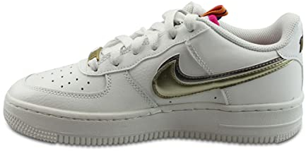NIKE Air Force 1 LV8 Double Swoosh Silver Gold Blanc