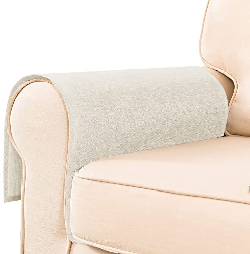 Guken Armrest Covers for Sofa, Loveseat, Couch, Recliner, Armchair - Set of 2 Textured Linen Woven Look Flat Edge Slipcovers - Arm Protectors for Living Room and Pets, Champagne