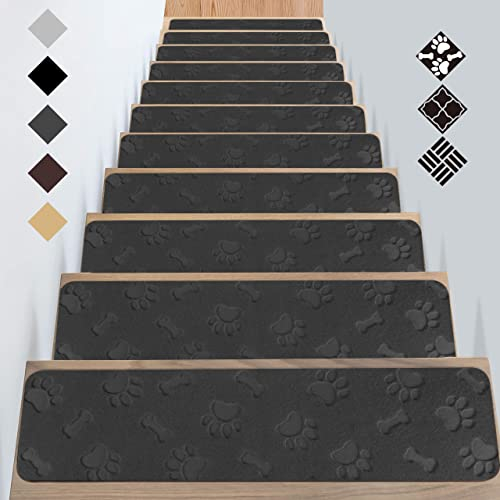 GOYLSER Treppenmatten für Holztreppe,Anti-Rutsch-sichere Treppen-Teppich Tritte mit doppeltem selbstklebenden für Älteste,Kind,Haustiere(76 * 20cm 15pack Grau Hundepfote)