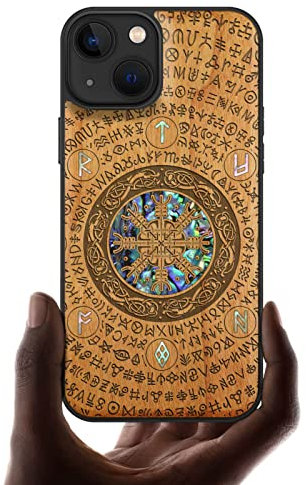 Carveit Coque magnétique pour iPhone 13 Étui Luxe [Gravure en Bois et Incrustation de Coquille] Compatible avec 13 Magsafe Artistique Coque (Cerise-Das Vegvisir des Wikinger)