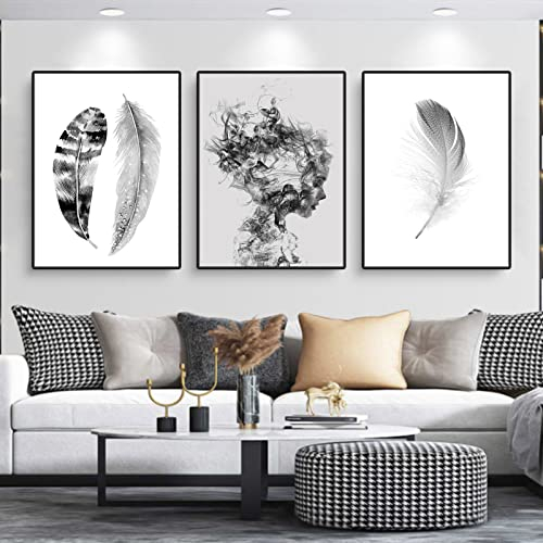 Trayosin 3er Set Design-Poster Set, Moderne Schwarz Weiß Wandbilder, Feder Mädchen Ohne Rahmen Wandbild Print Bilder, Leinwand Kunstposter Schwarz und weiß Feder für Wohnzimmer Deko (30x40cm)