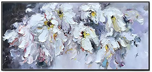LCDIUDIU Acrylbilder, Weiße Textur Abstrakte Pfingstrose Modernes Kunstwerk Rahmenlose Handölgemälde Auf Leinwand Wandkunst Für Wohnzimmer Schlafzimmer Büro Wohnkultur,150X300Cm(60X120Inch)