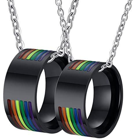 BCughia Pärchen Ketten für 2, Partnerketten mit Ring Schwarz Kette Personalisiert Schwarzer LGBT Ring mit Regenbogen Emaille 10 mm Halskette für Ehefrau