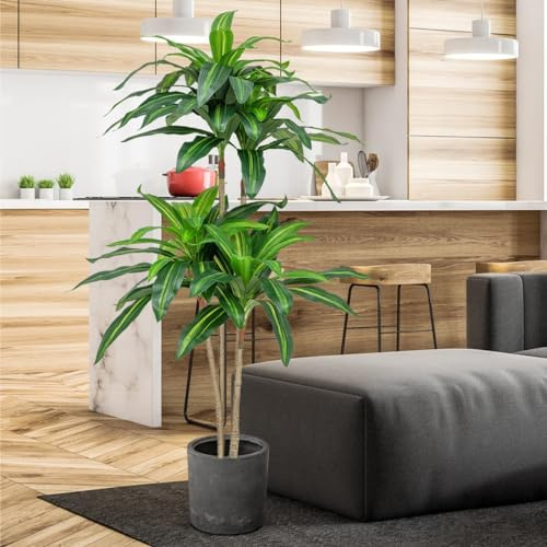 TANGZON 140CM Artificial Dracaena Tree, Tropical Faux Plants in Pot with 92 Lifelike Leaves & Durable Trunks, Indoor Outdoor Decorative Fake Tree for Home Living Room Office Garden Decoration (1)