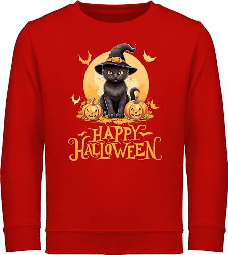 Shirtracer Sweatshirt Kinder Pullover für Jungen Mädchen - Happy Halloween Katze Hexenhut Lustig Katzenliebhaber Cat - 128 (7/8 Jahre) - Rot - Junge Haloween Outfits Katzen Pulli Spooky Season