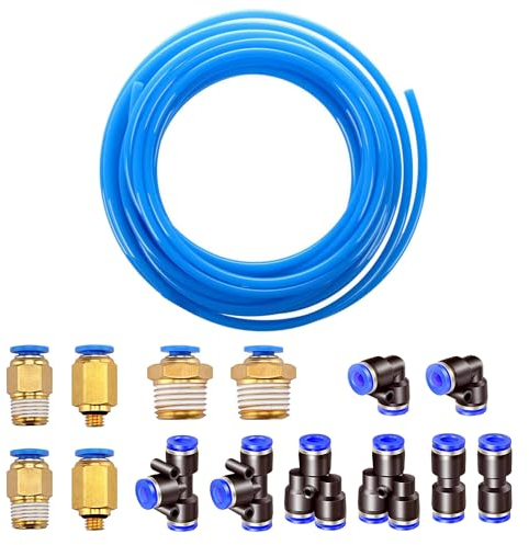 HUAZIZ Aria Pneumatica PU Tubo 8 mm OD 5 mm ID, 5 M PU Tubo per Poliuretano Blu, con 8 Pezzi Connettori Raccordi Rapidi a Pressione Pneumatica per dell'aria Raccordi (Forma Y/T/L/I)