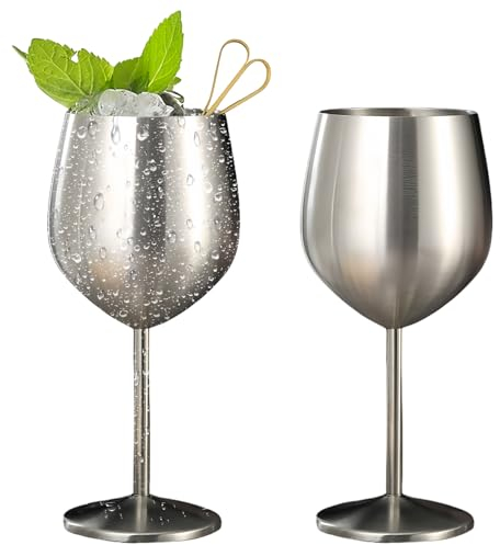 Sporgo 2er Edelstahl Weingläser Set: 500ml Weinglas Rotweingläser, Bruchsichere Weingläser Champagner und Cocktailgläser, für Poolpartys, Jubiläen, Strandpartys (Silber)