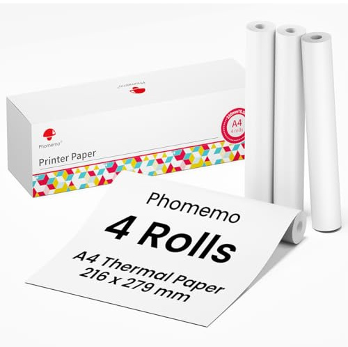 Phomemo Druckerpapier A4 für M832/M831/M833/M834/M835, Thermopapier A4 für Portable Inkless Printer, 4 Rolle Printer Paper