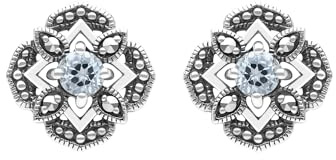 Esse Marcasite Sterling Silver Art Nouveau Blue Topaz & Marcasite Floral Stud Earrings