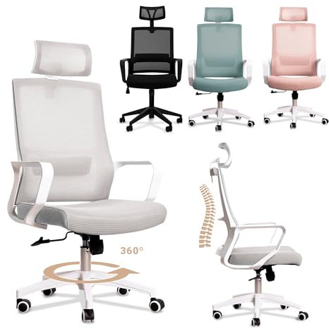 JUPPLIES Silla Escritorio Ergonomica - Silla Oficina Ajustable y Reclinable con Soporte Lumbar, Reposacabezas Ajustable, Malla Transpirable, Ruedas Giratorias 360° Soporta hasta 100kg (Gris)