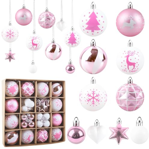 Aitsite 38 Stück Christbaumkugeln Weiß Rosa, 6CM/3CM Weihnachtskugeln Kunststoff mit Aufhängen Bruchsicher Ornamente Weihnachtsbaum Kugeln Weihnachtsbaumschmuck für Weihnachtsdeko Innen Aussen