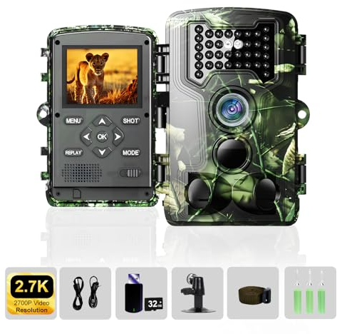 Camera de Chasse, Camera Chasse 2.7K 58MP HD, Détecteur de Mouvement, Vision Nocturne, Temps de Déclenchement de 0,2S, Caméra IR Pour Animaux Sauvages avec Carte SD 32GB & Lecteur de Cartes