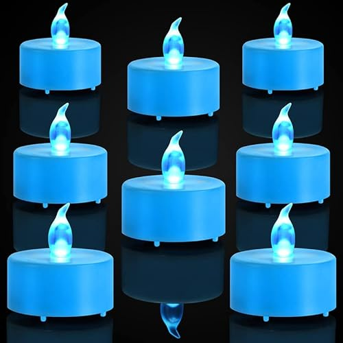 Biyanuo Lot de 50 bougies chauffe-plat LED sans flamme - Sans flamme - Bleu | Bougies chauffe-plat clignotantes lumineuses, batterie extra longue 200 heures pour mariage, festival, fête