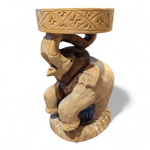 Kinaree Suar Holz Beistelltisch BATO Elefant – handgeschnitzter Massivholz Tisch aus einem Block, naturbelassen, 51 cm, Thailand (Natur)