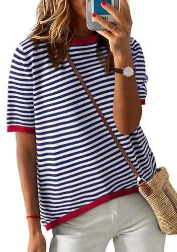 UMIPUBO Magliette Donna Estivi Manica Corta T Shirts a Righe Girocollo a Blocchi di Colore T-Shirt Elegante Maglie Top Casual Tee Shirt Elasticizzato Loose Tees Moda Blusa (Blu Marina, M)