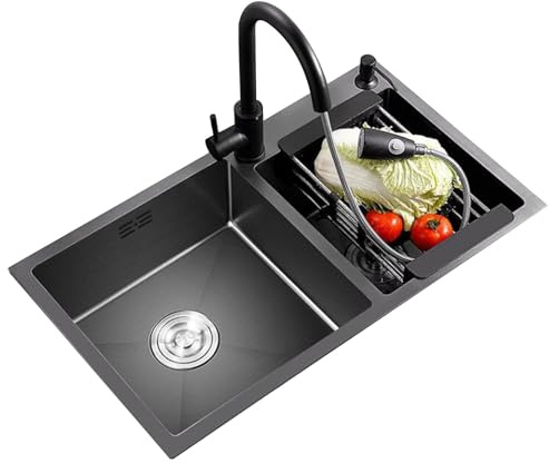 SaryEdge Cocina Apartamento Cocina Doble Cuenco Hogar Acero Inoxidable Lavavajillas Doble Lavavajillas Gran Capacidad Piscina con Accesorios Grifos(Acero Negro - 75 * 41 * 21cm